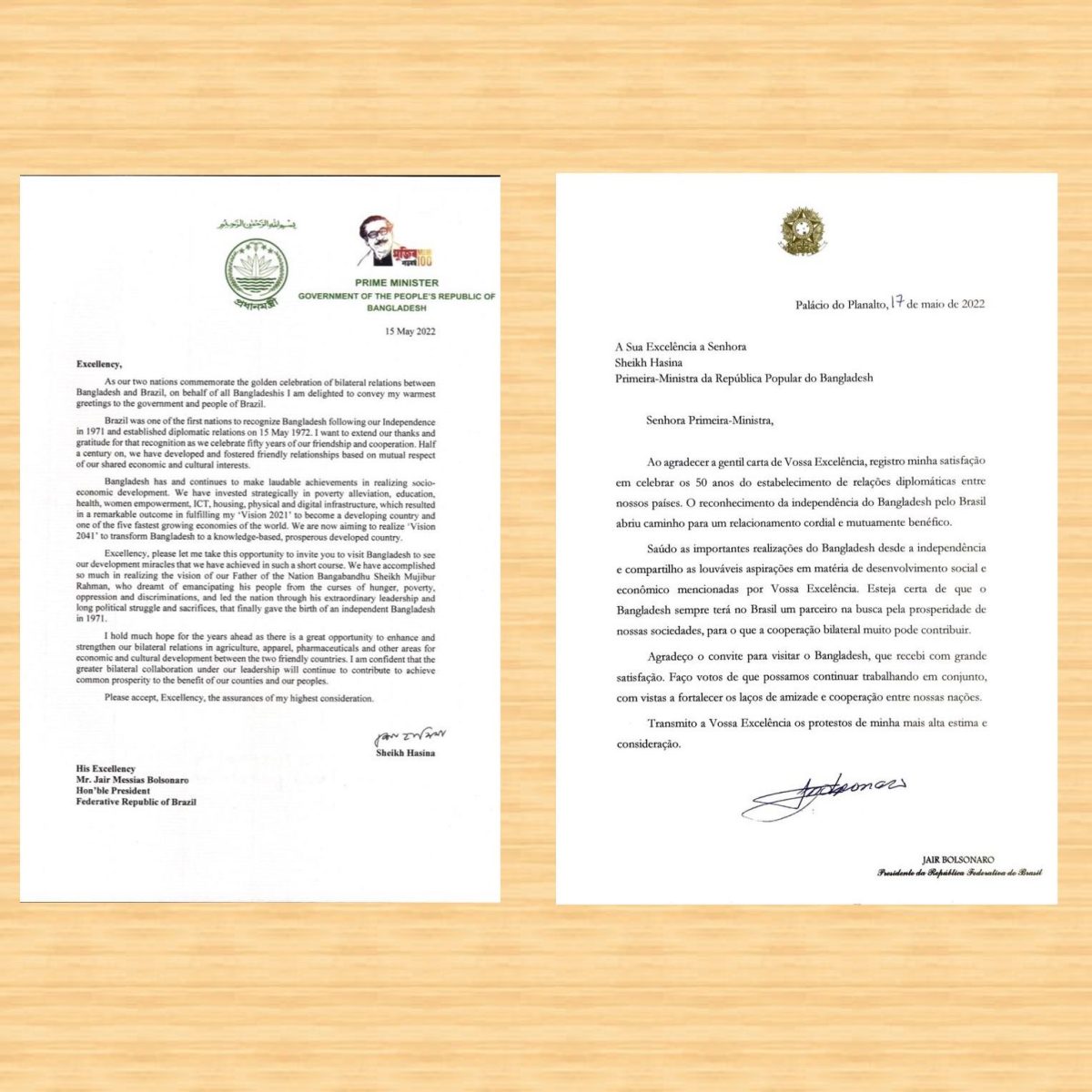 A Primeira Ministra Sheikh Hasina e o Presidente Jair Bolsonaro trocam cartas de felicitações para marcar o 50º aniversário das relações diplomáticas Bangladesh-Brasil